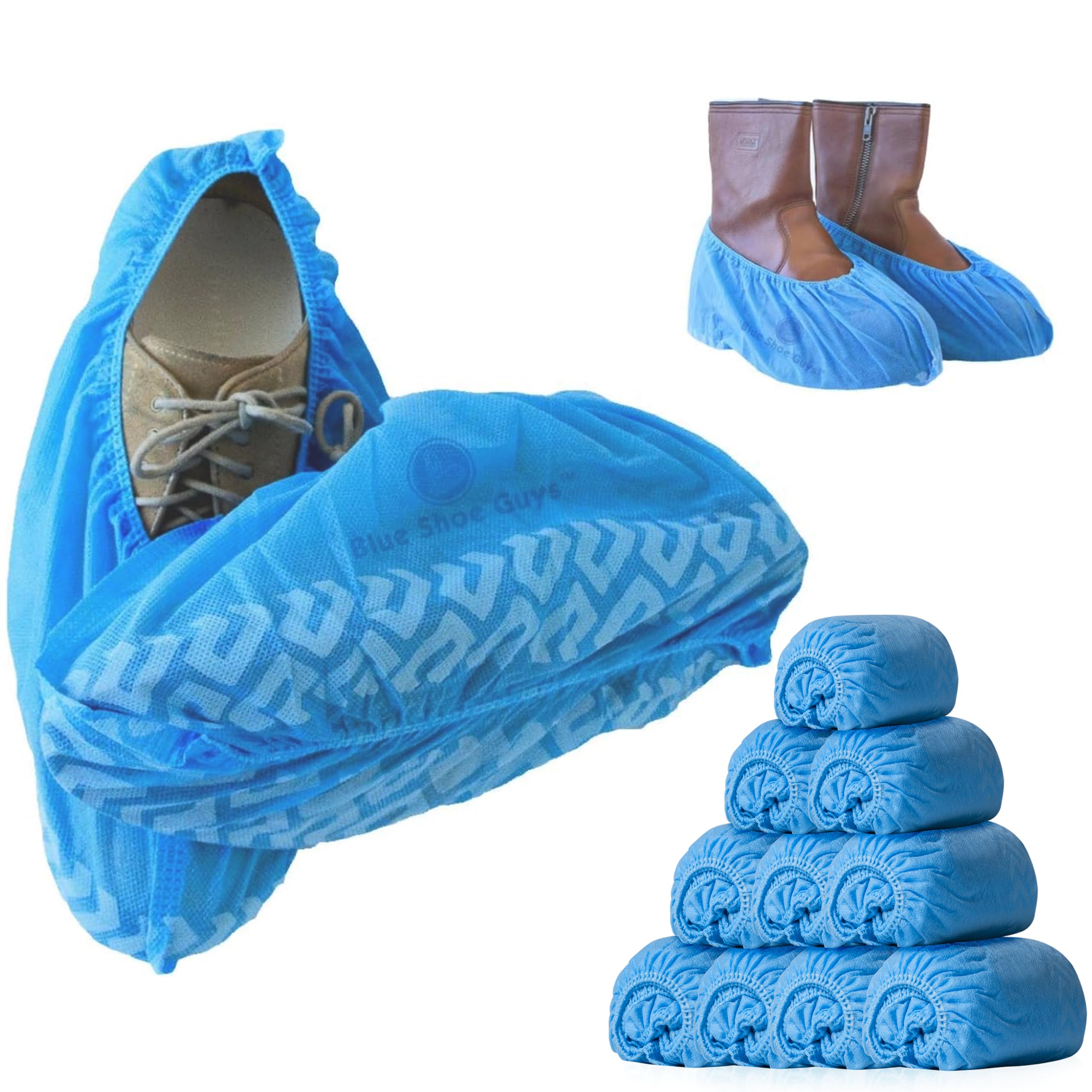 Blue Shoe Guys premium disposable boot covers in a 50-pack for clean, protected floors.