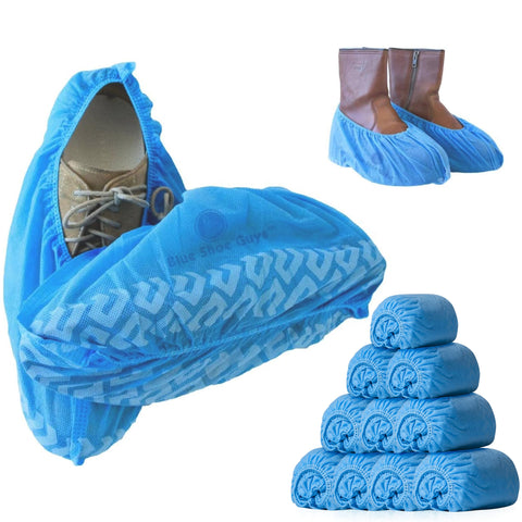 Blue Shoe Guys premium disposable boot covers in a 50-pack for clean, protected floors.