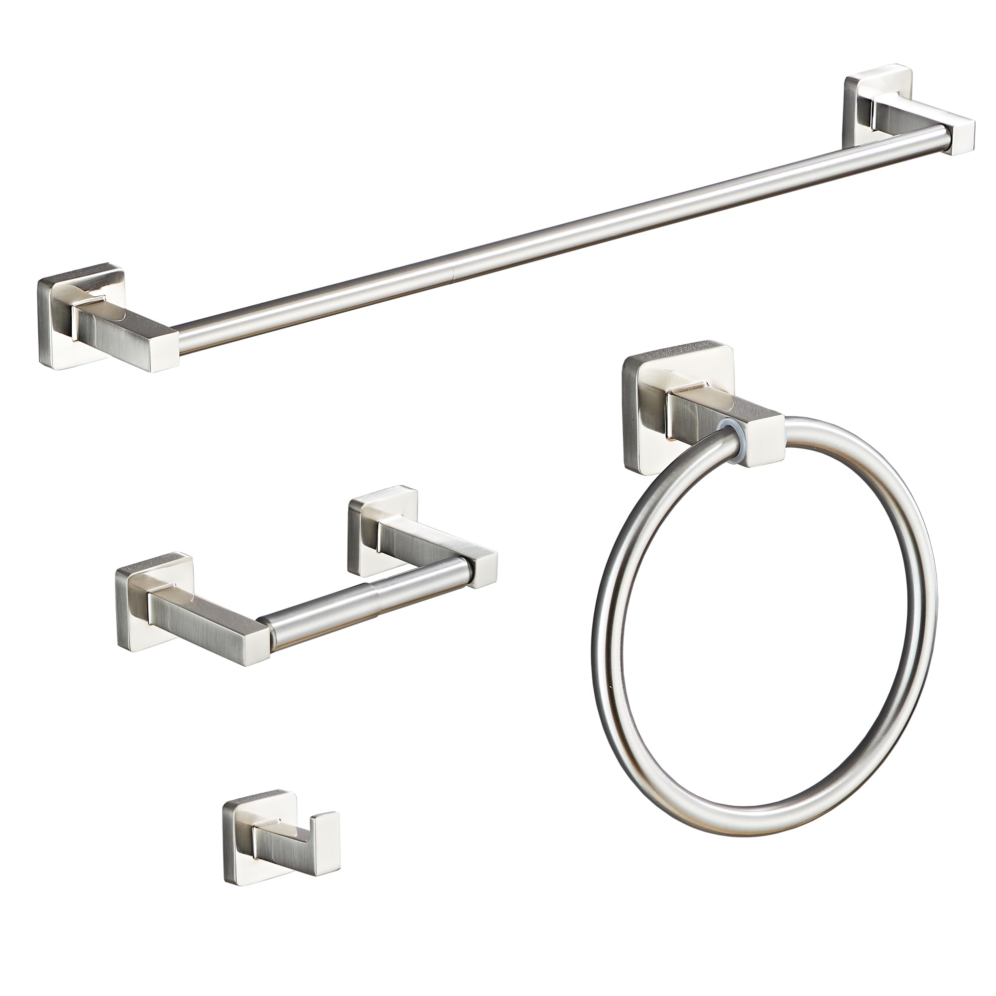 Bluebyrne brushed nickel bathroom hardware set main image showing a cohesive four piece collection.