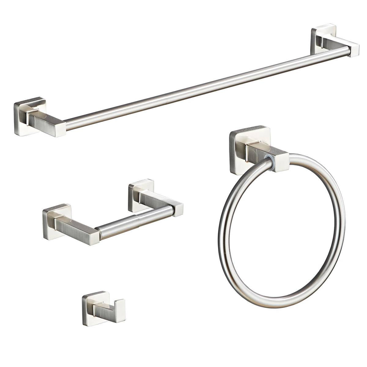 Bluebyrne brushed nickel bathroom hardware set main image showing a cohesive four piece collection.