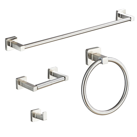 Bluebyrne brushed nickel bathroom hardware set main image showing a cohesive four piece collection.