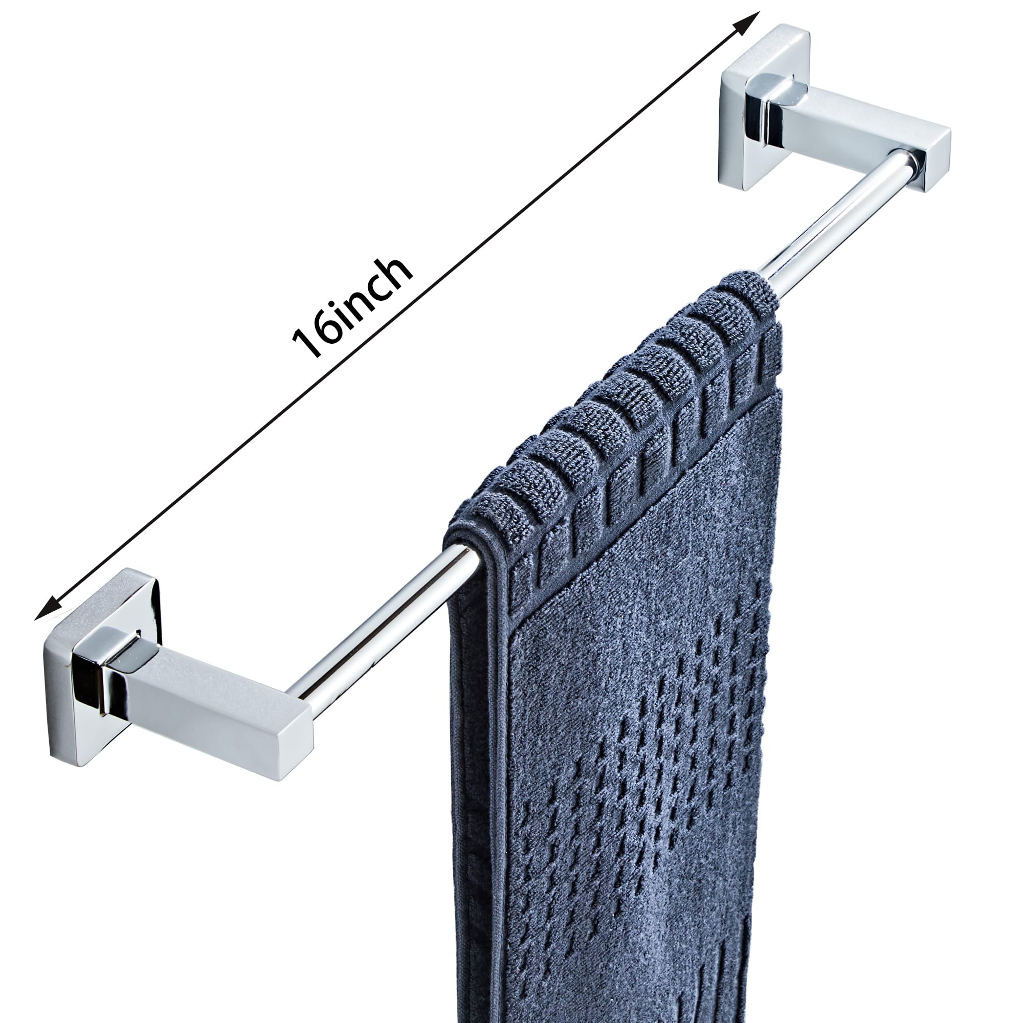 Bluebyrne chrome 16-inch towel bar providing sturdy daily use in a modern bath