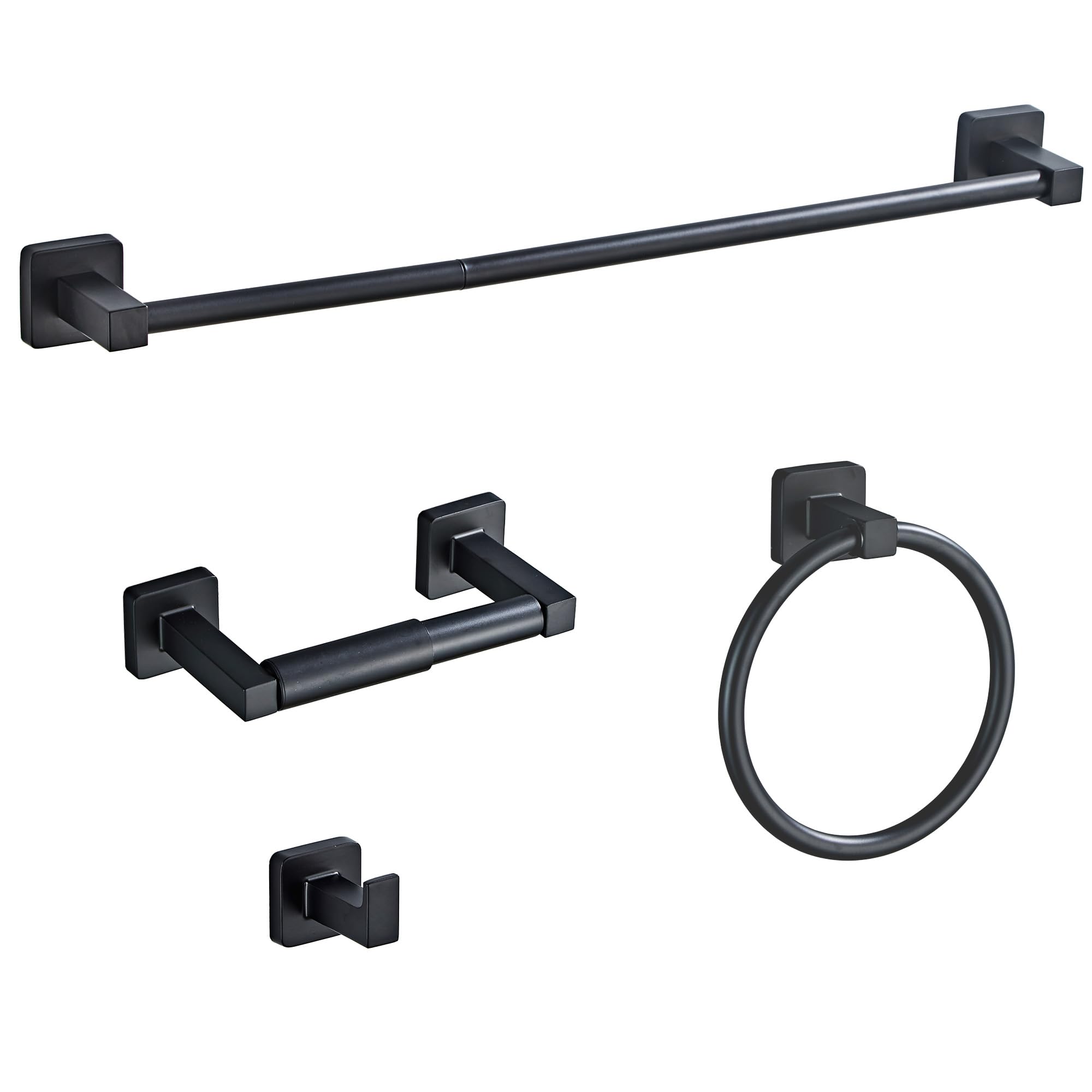 Bluebyrne matte black bathroom hardware set shown as a cohesive 4-piece ensemble for modern bathrooms.