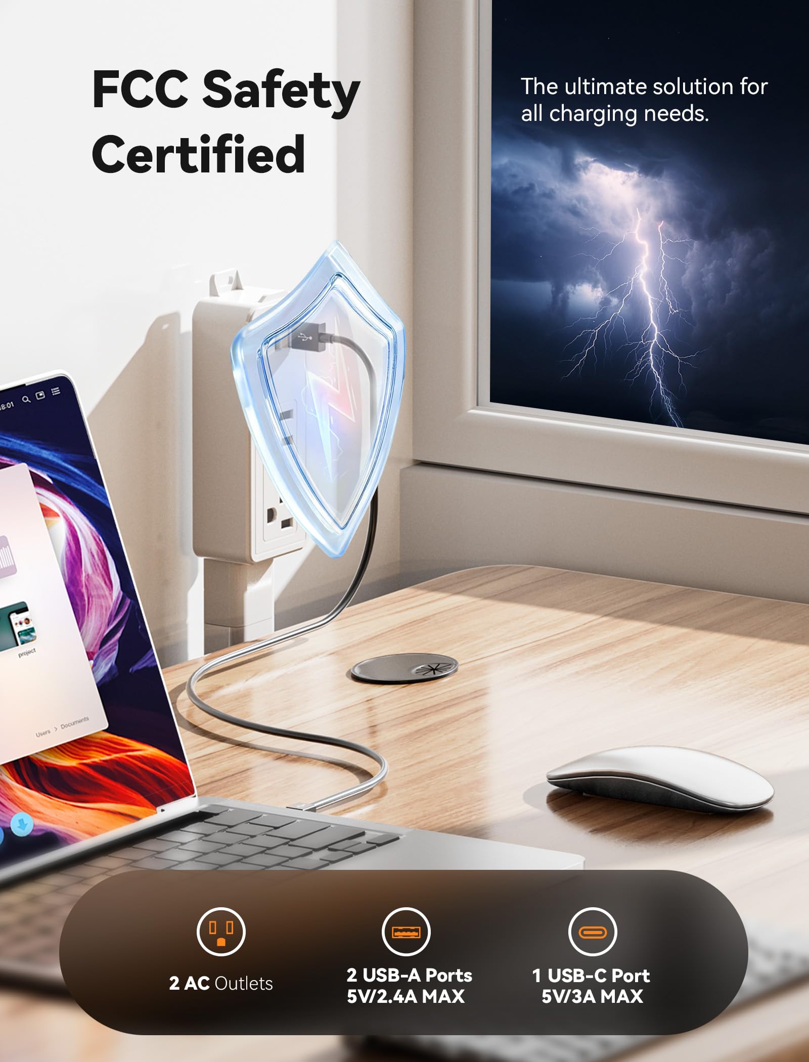 Blueera extender on a nightstand keeps devices charged at night