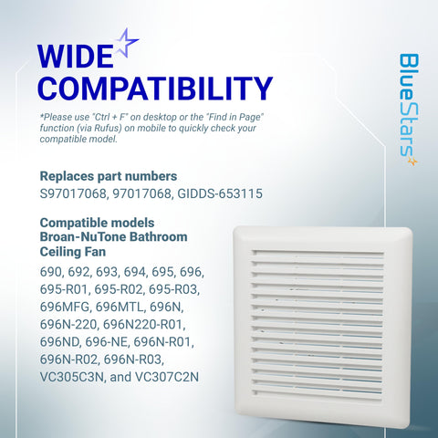 BlueStars compatible diffuser for Broan-NuTone models improves airflow.