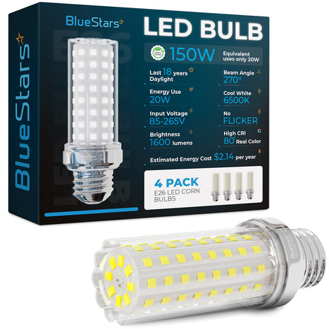 BlueStars LED corn light bulb with 360-degree beam for broad-room illumination