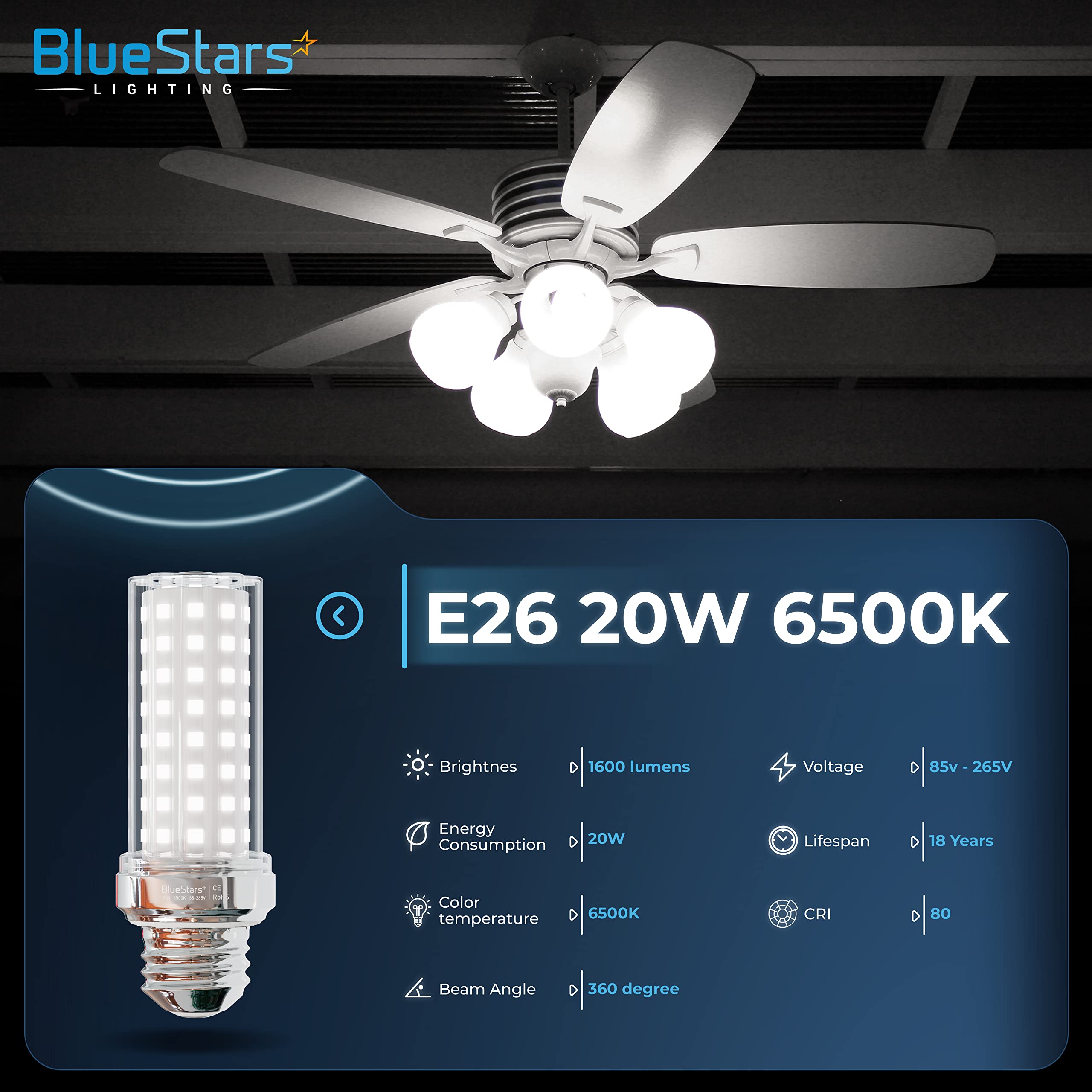 BlueStars LED corn light bulb with E26 base fits standard fixtures for easy replacement