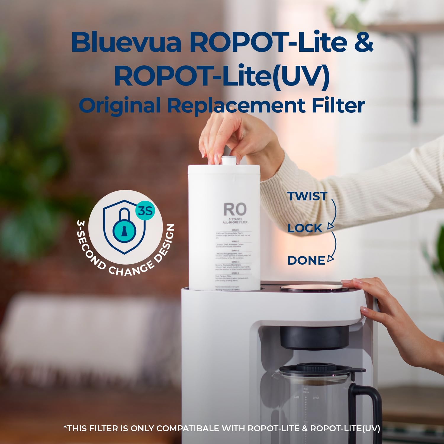 Bluevua countertop osmosis system setup demonstrates compact design for small spaces.