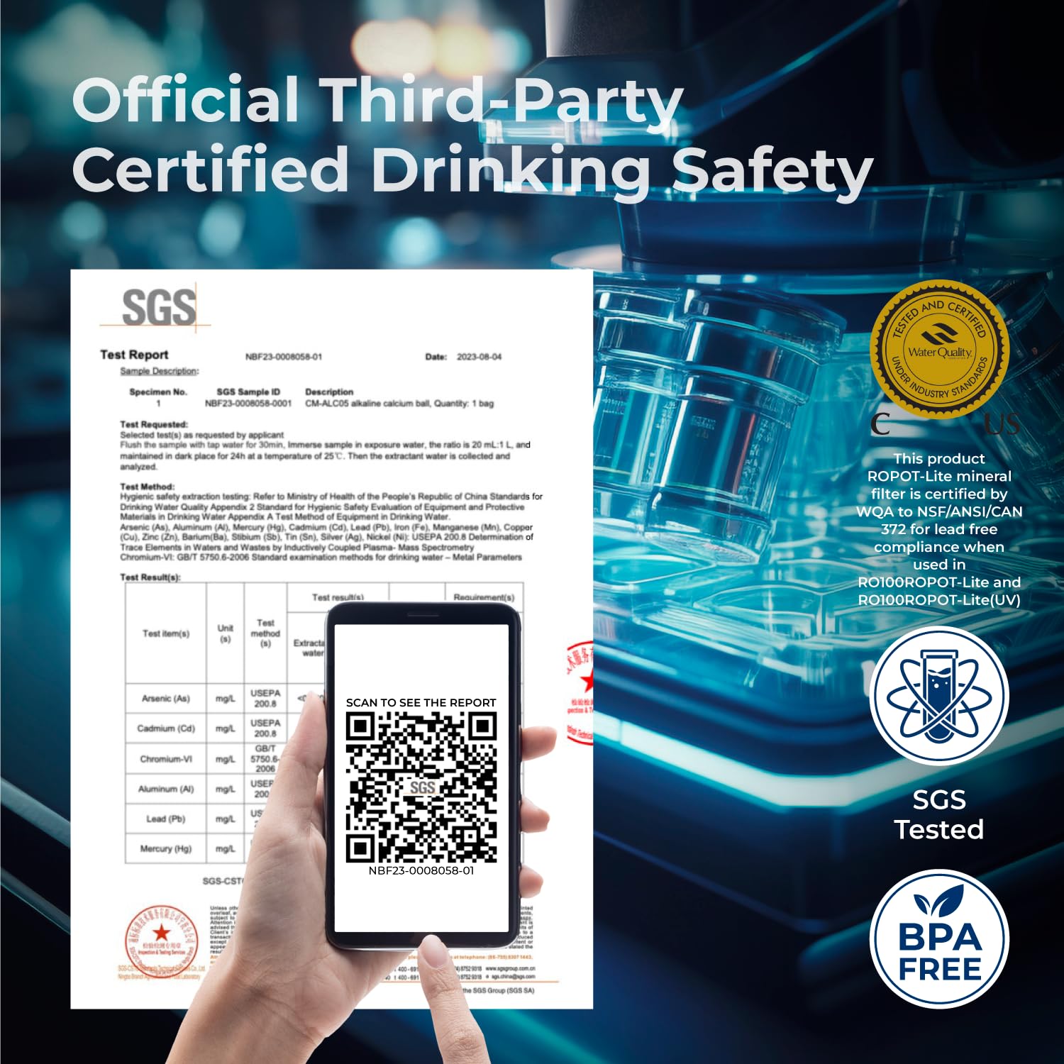 Bluevua safety certifications by WQA and SGS ensuring safe filtration