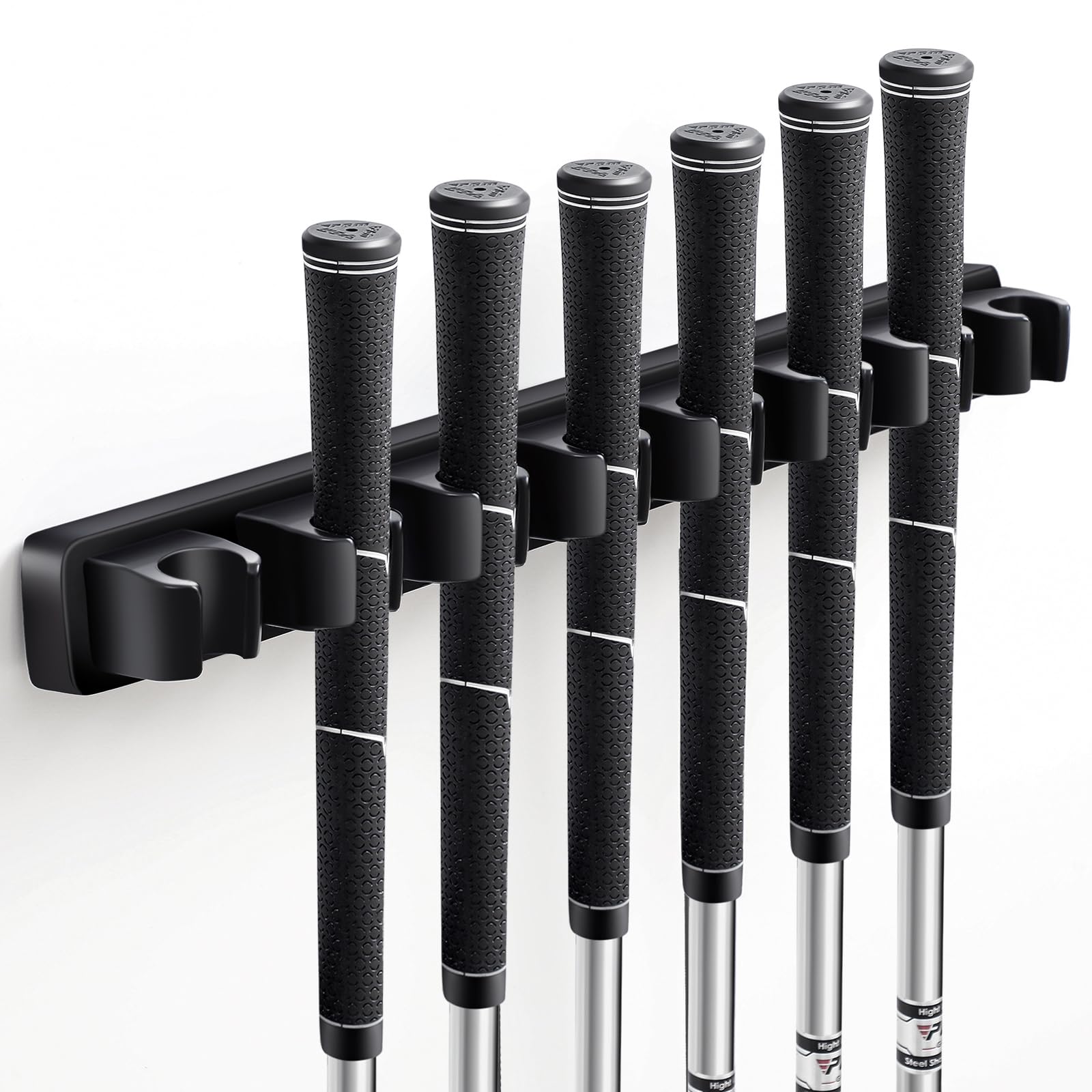 Blueweenly wooden golf club holder wall mount with 8 clips keeps clubs neatly displayed and accessible.