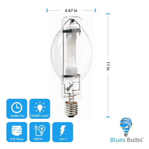 Bluex Bulbs MH1000 BT37 side-angle reveals robust construction and focused illumination for industrial fixtures.