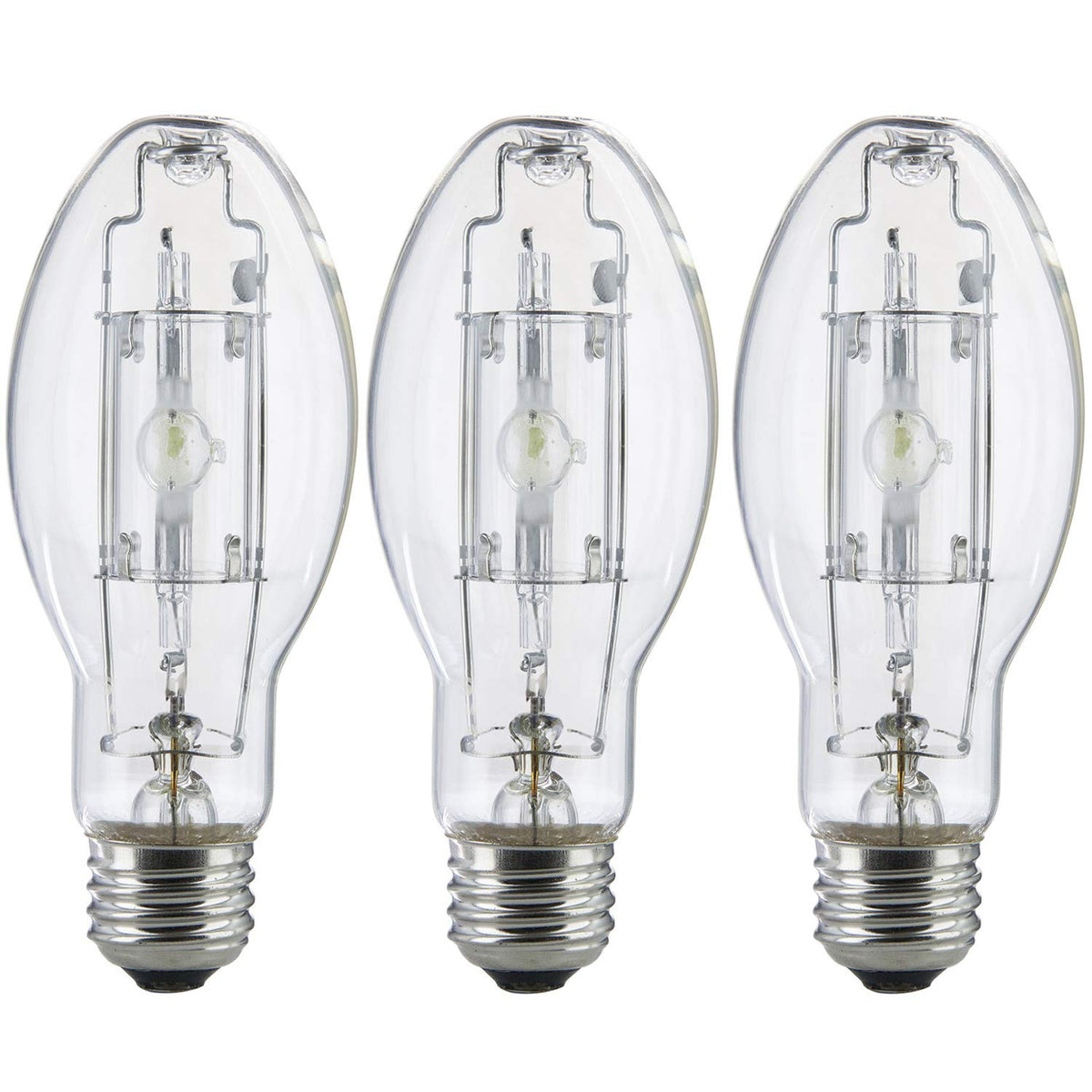 Bluex Bulbs MP100/U/MED 100W metal halide bulb in clear glass for outdoor lighting and parking lots.