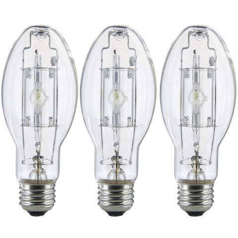 Bluex Bulbs MP100/U/MED 100W metal halide bulb in clear glass for outdoor lighting and parking lots.