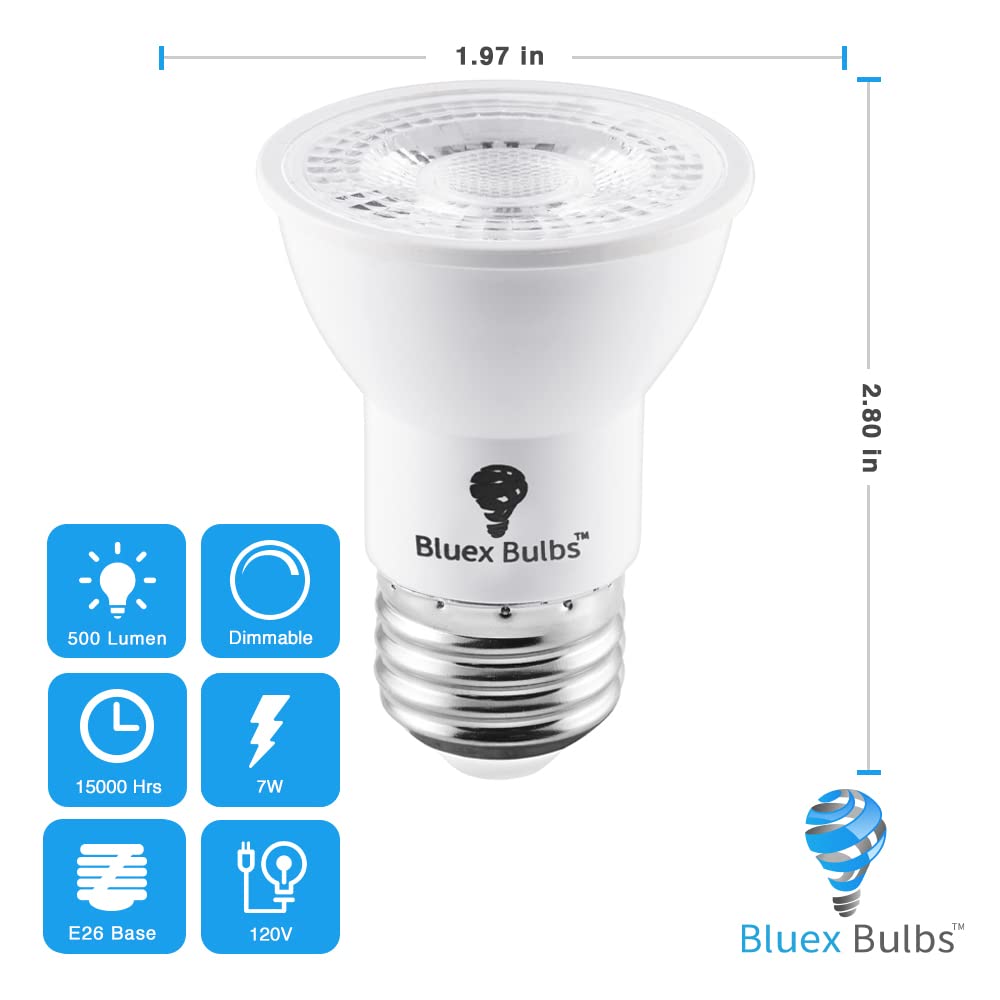 Bluex Bulbs PAR16 LED bulb 40-degree flood for accent lighting and safe night lighting.