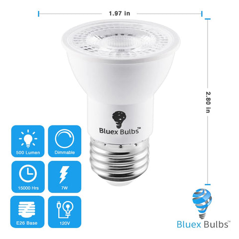 Bluex Bulbs PAR16 LED bulb 40-degree flood for accent lighting and safe night lighting.
