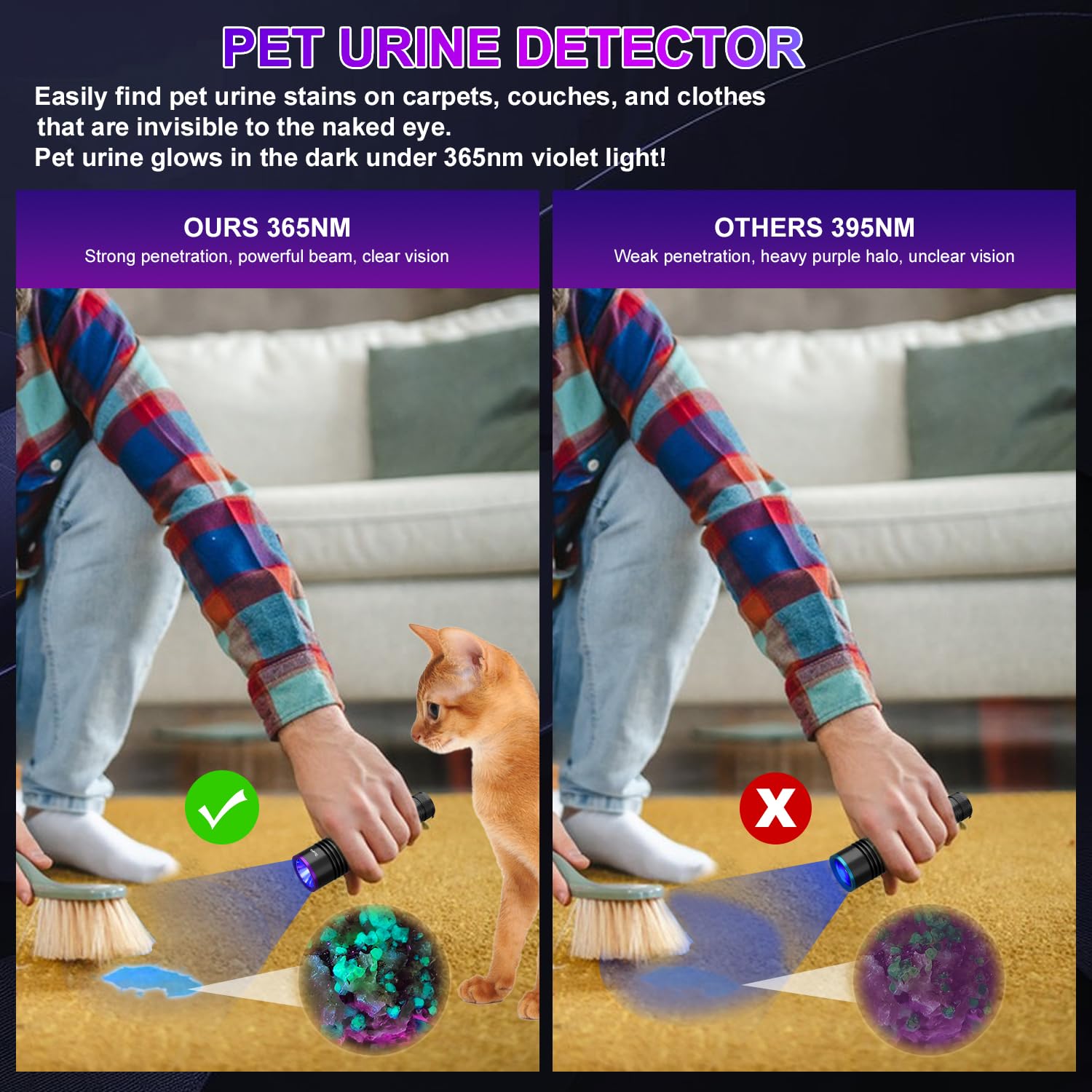 BlueYu 365nm UV flashlight detects pet urine traces during cleaning tasks
