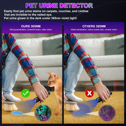 BlueYu 365nm UV flashlight detects pet urine traces during cleaning tasks