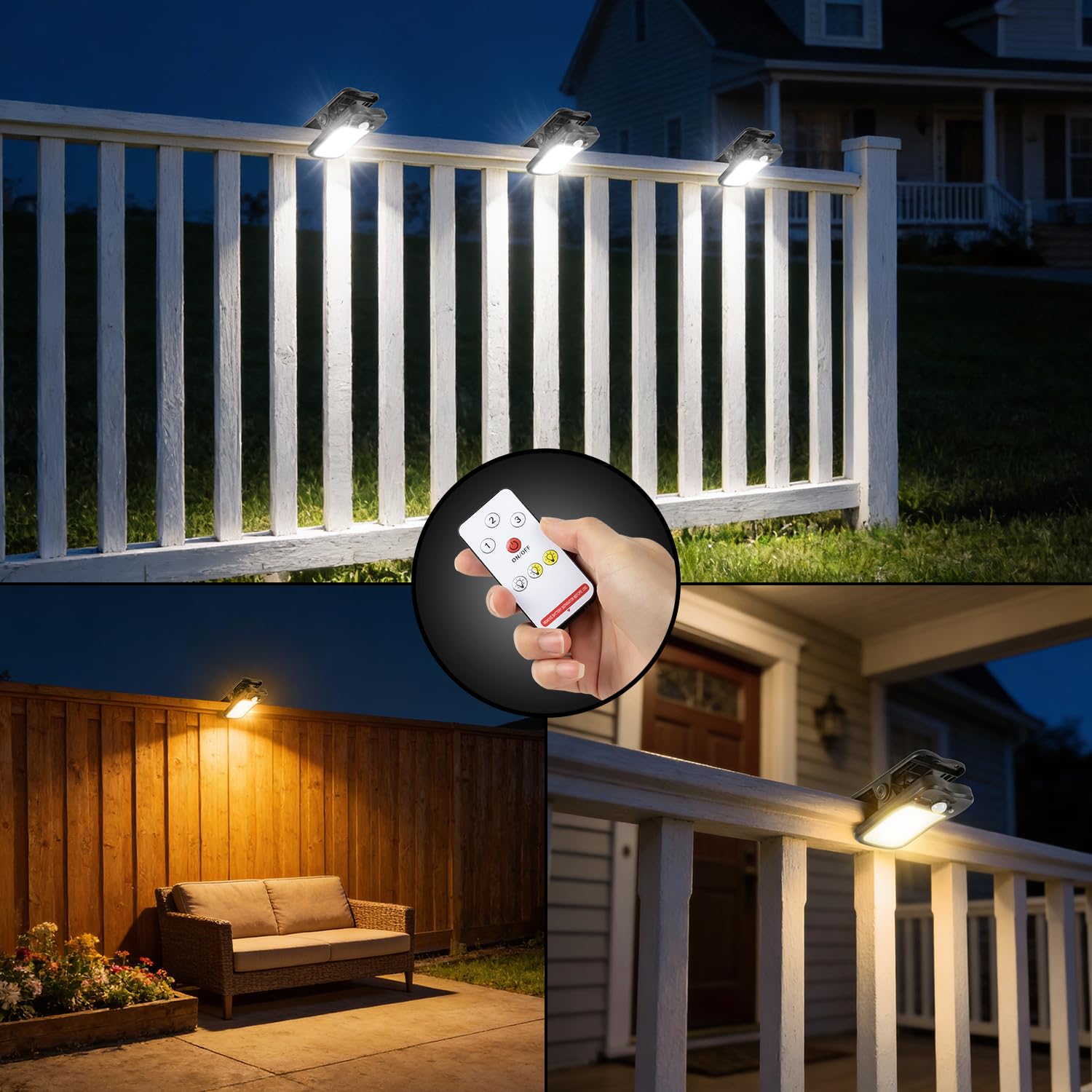 BlueYu clamp-on light installs easily on rails, gutters, or fences.