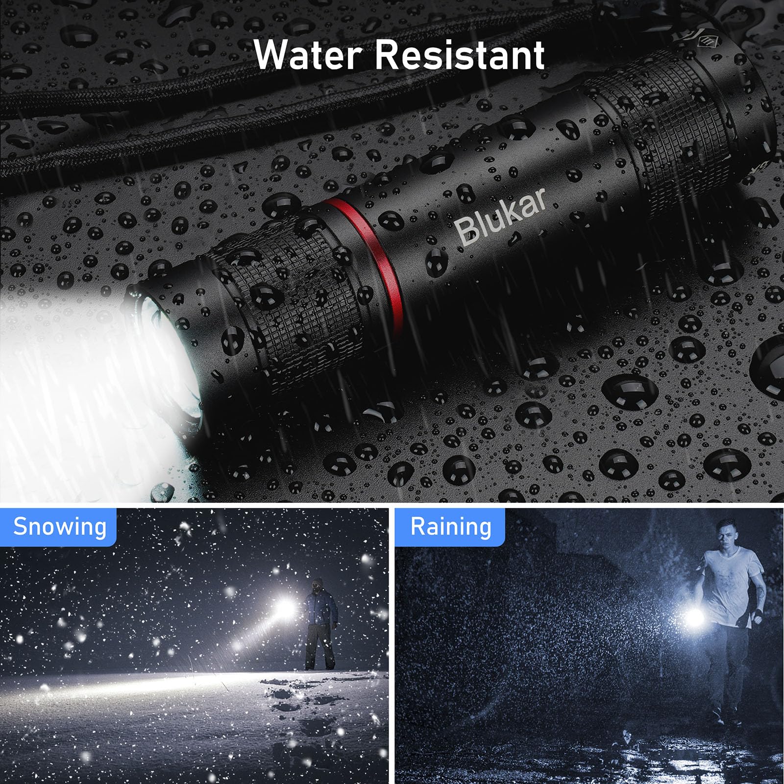 Blukar waterproof design depiction, suitable for rain or splashes.