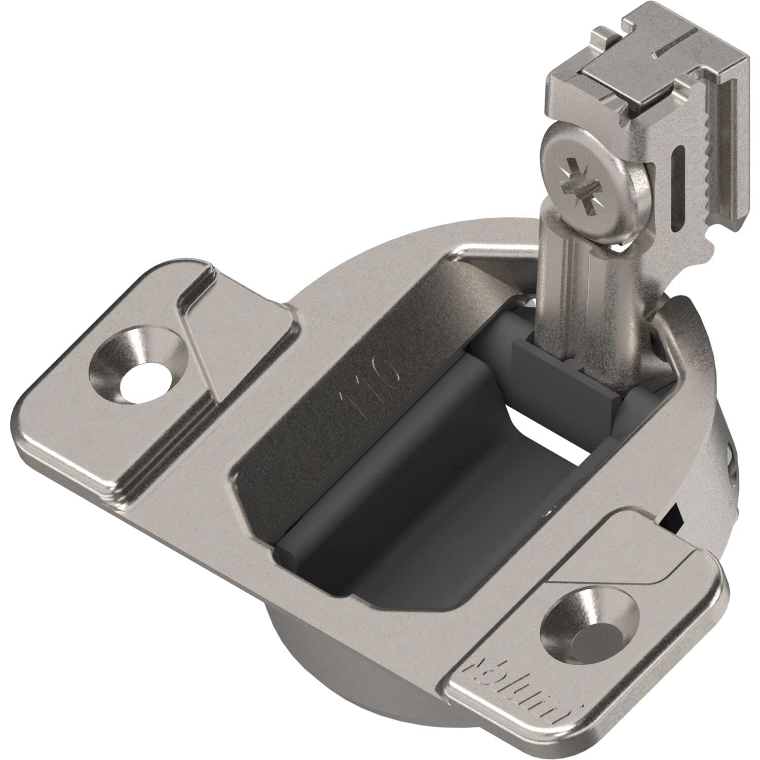 Blum 110° self-closing compact 33 hinge — front view shows concealed mounting
