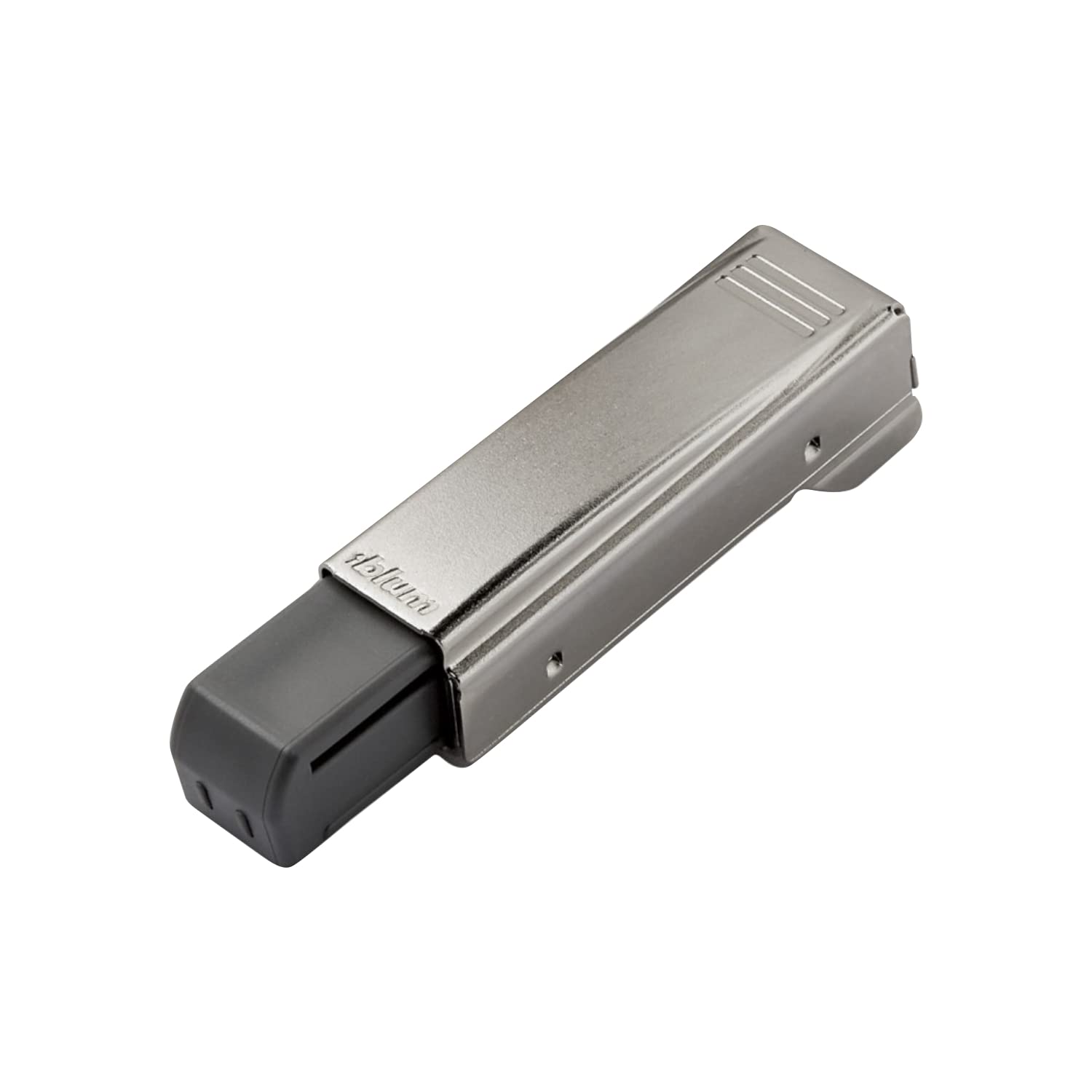 Blum 973A0500 nickel finish hinge close-up for quiet door closing.