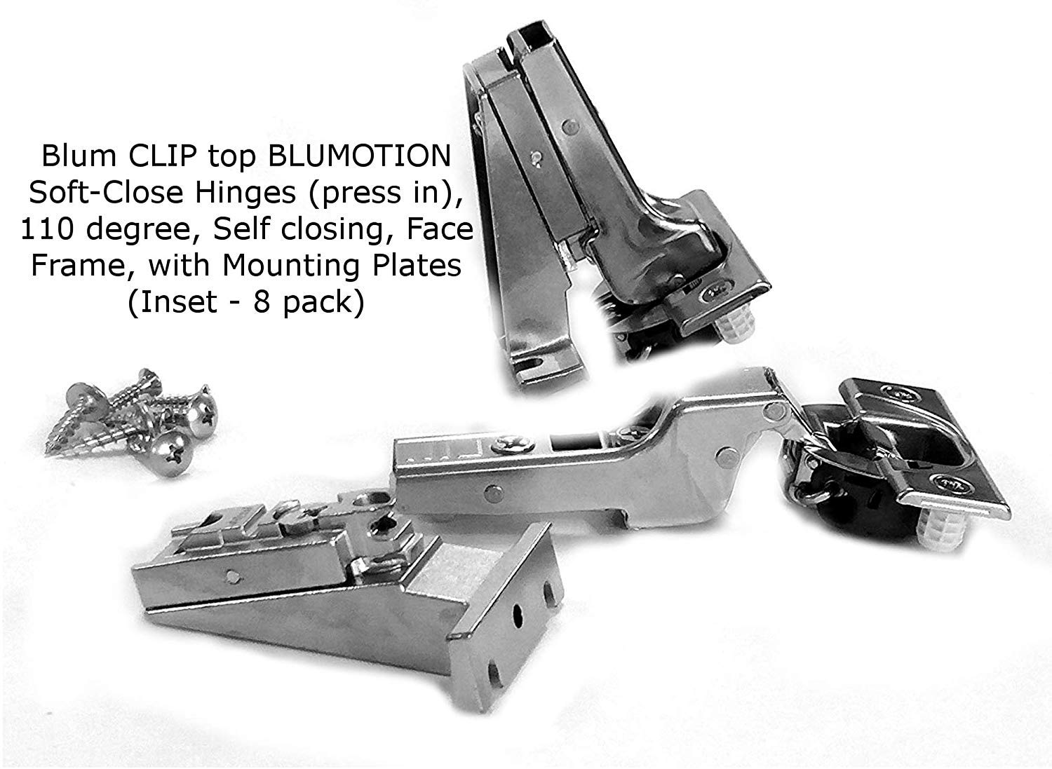 Blum Clip Top Blumotion hinges with mounting plates shown on a face-frame cabinet for easy installation.