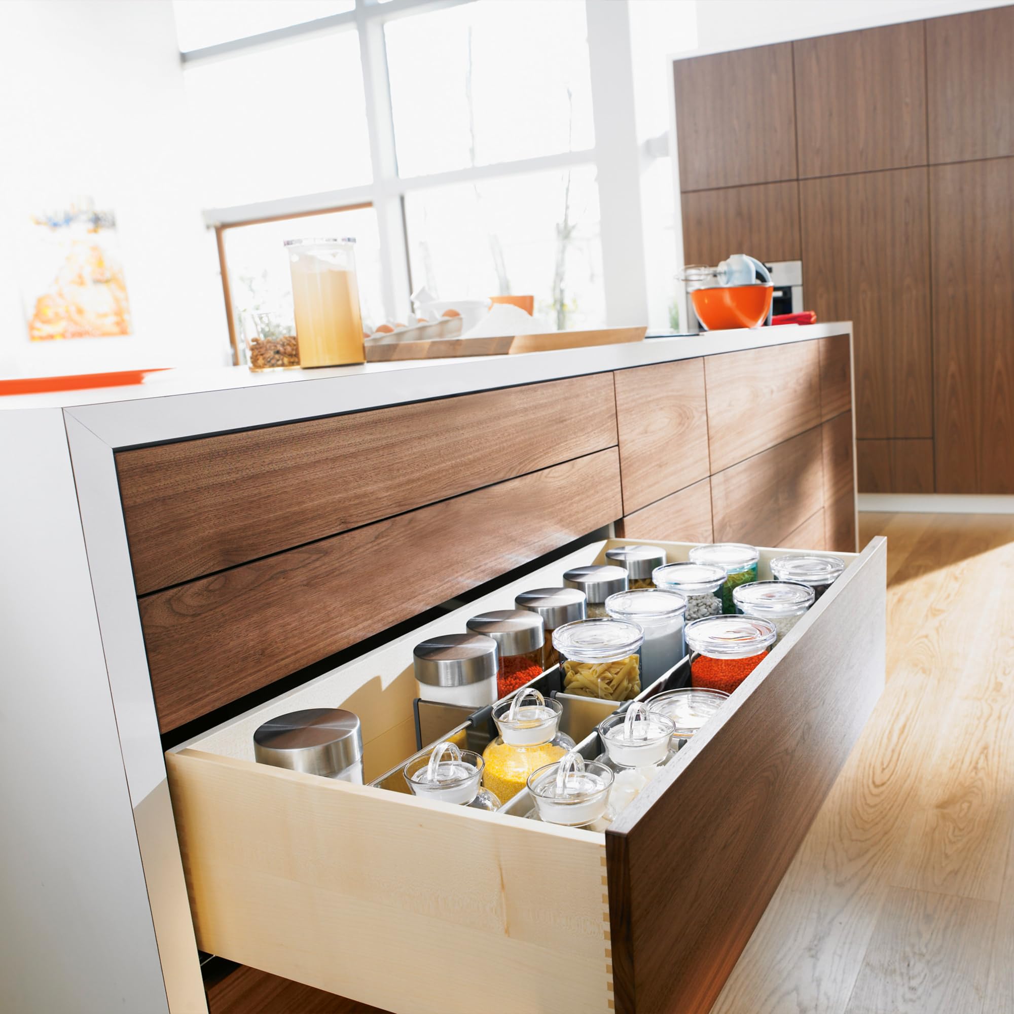 Blum Tandem Plus 100 lb load capacity supports heavy items in drawers.