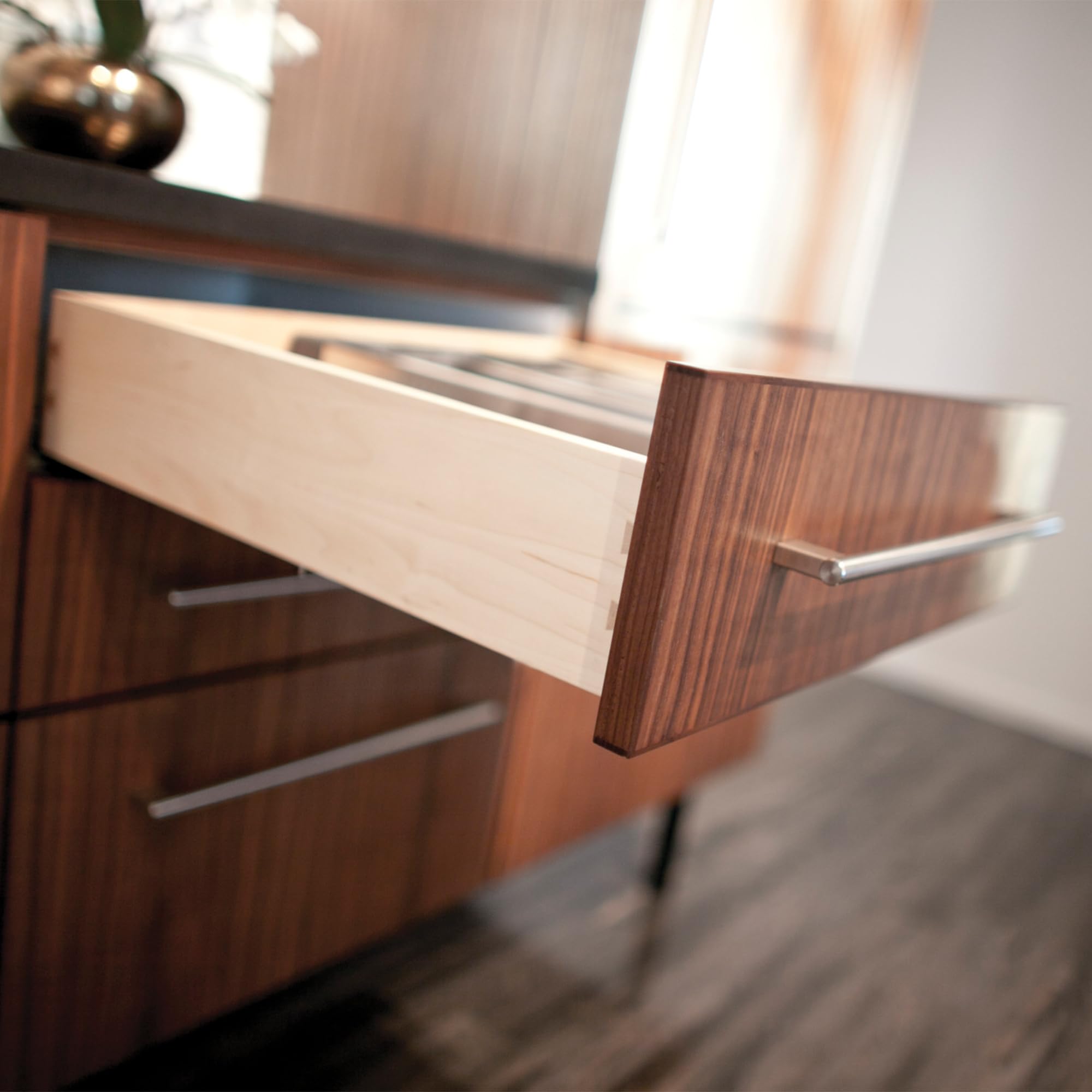 Blum Tandem Plus full-extension 18-inch drawer runners maximize access to storage.