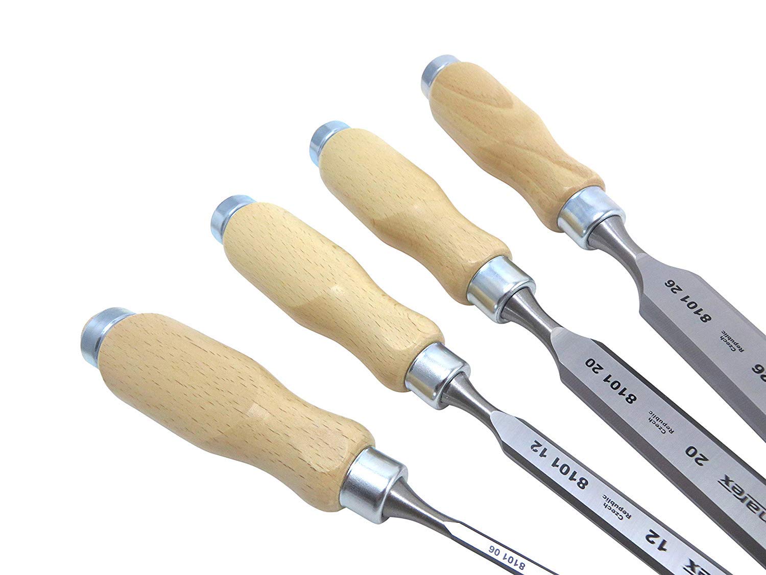BLUSTEELE Narex chisels with ergonomic oval wood handles for comfort.
