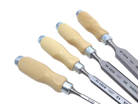 BLUSTEELE Narex chisels with ergonomic oval wood handles for comfort.