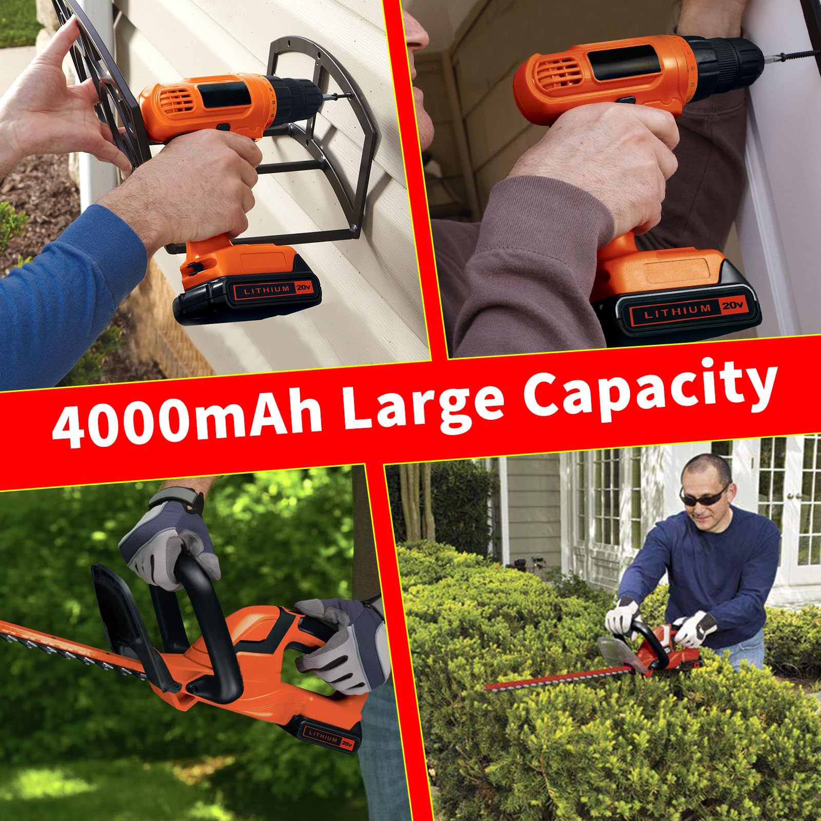 Bmcot 4.0Ah battery extended runtime with compatible Black and Decker tools.