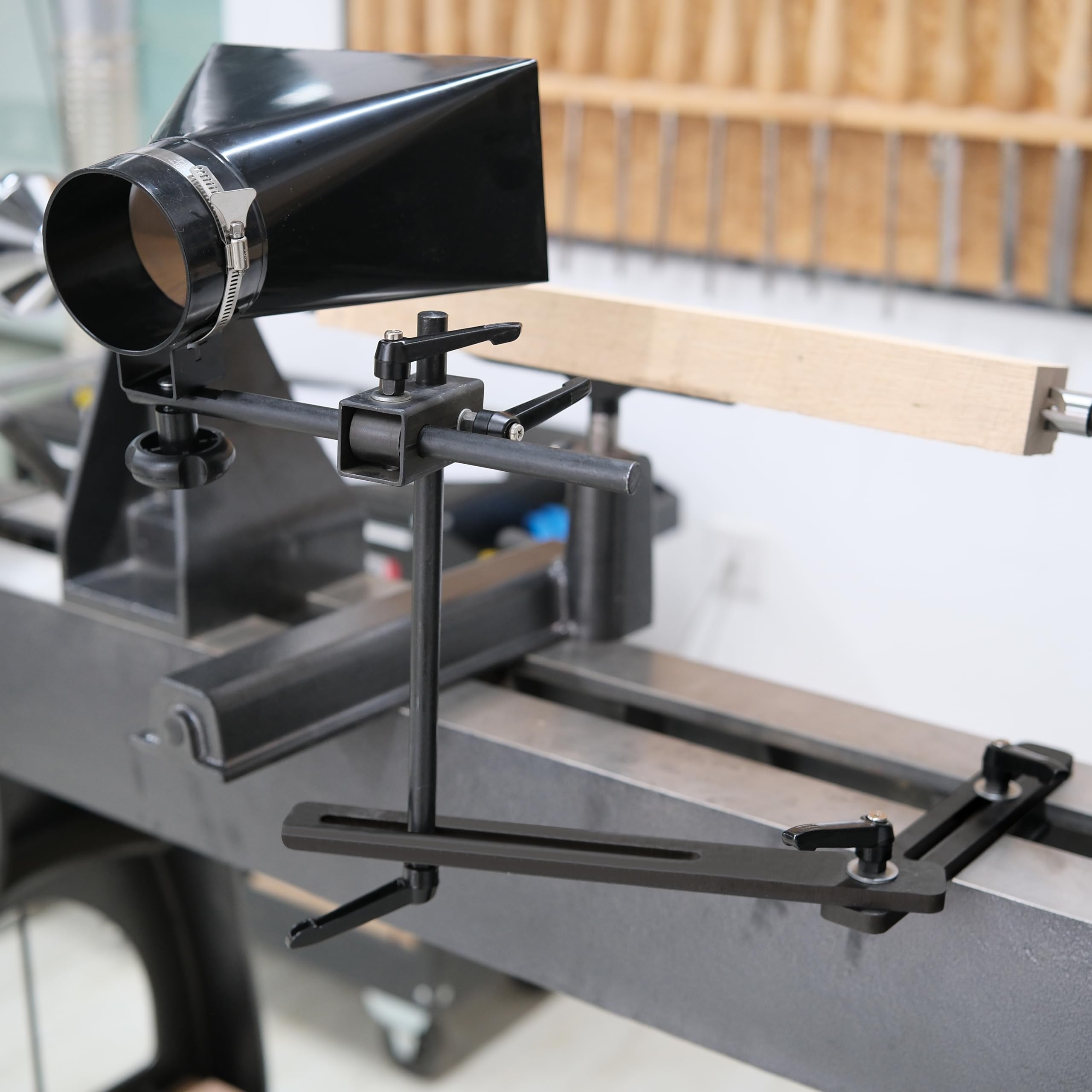 BMWOOD dust hood adjustable bracket enables precise positioning during woodturning.
