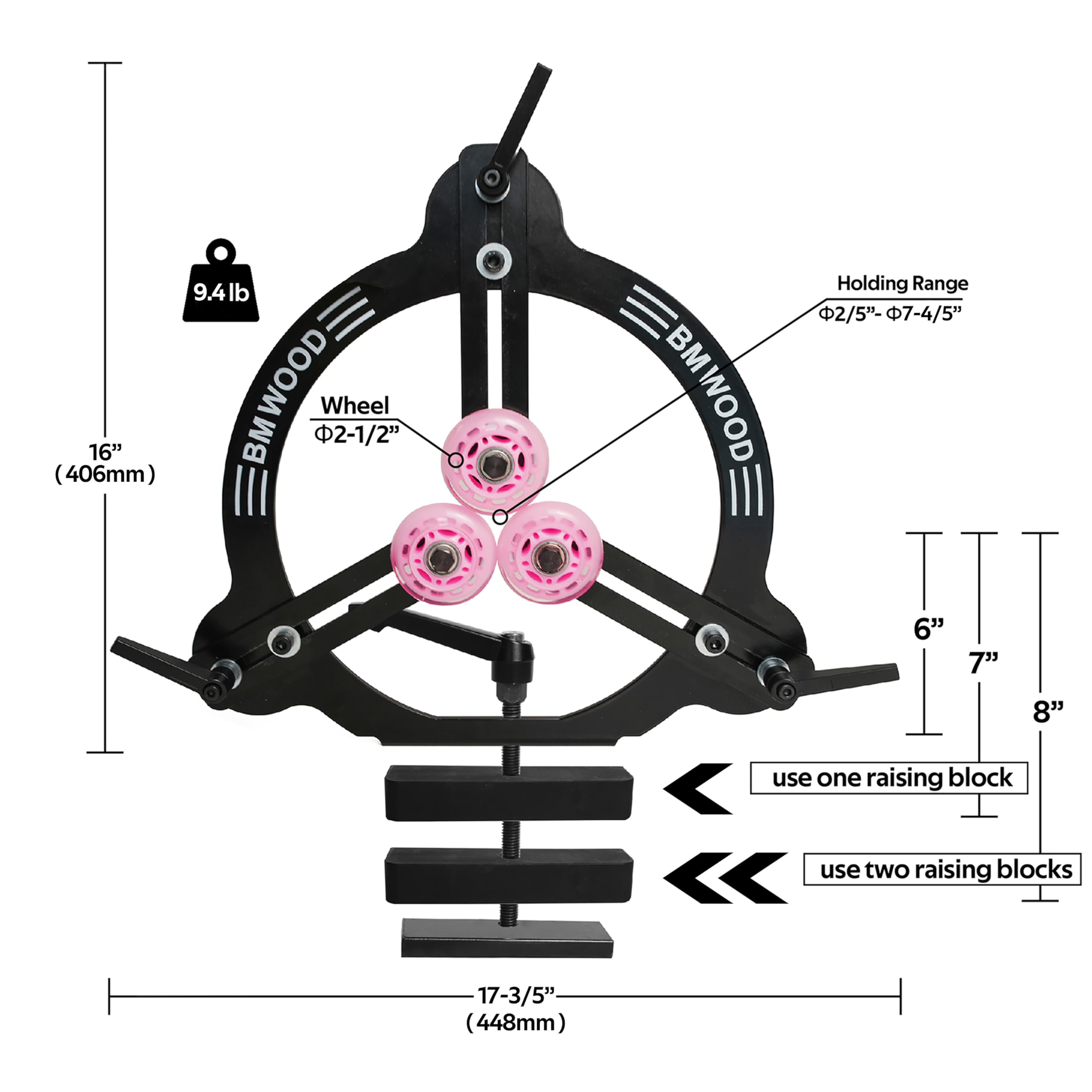 BMWOOD steady rest with three rubber-coated rollers for stable operation.