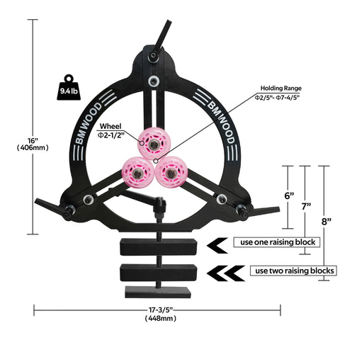 BMWOOD steady rest with three rubber-coated rollers for stable operation.