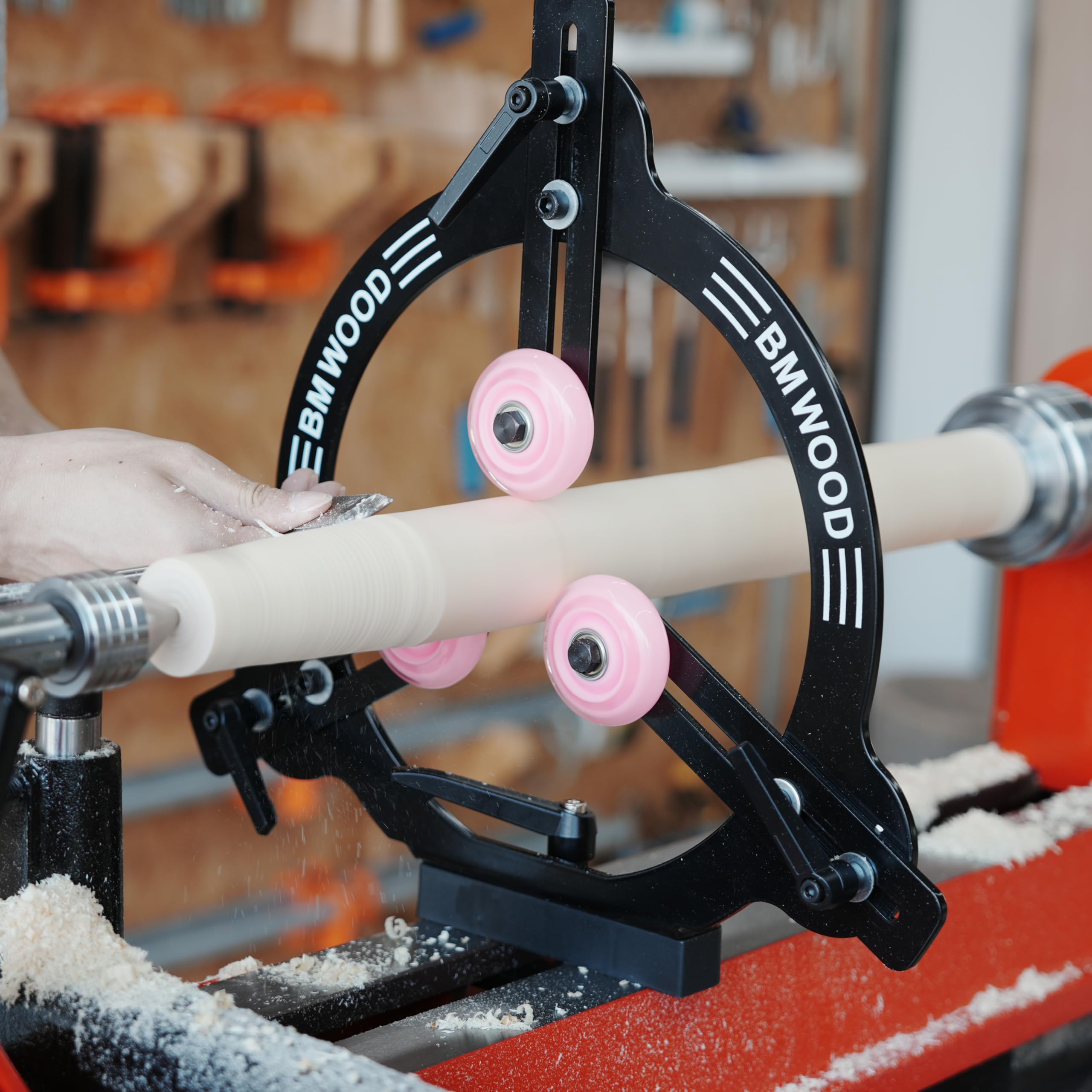 Close-up of center frame improving concentricity during turning.