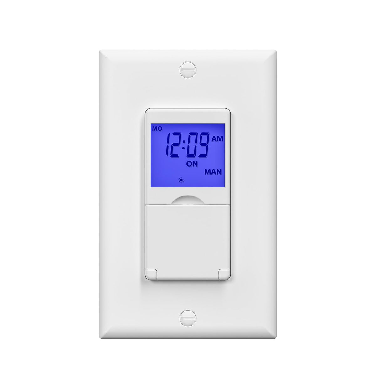 BN-LINK 7-Day timer front view with blue backlight for easy setup.