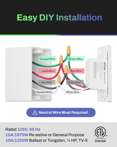 BN-LINK countdown timer switch requires neutral wire for compatible installs.