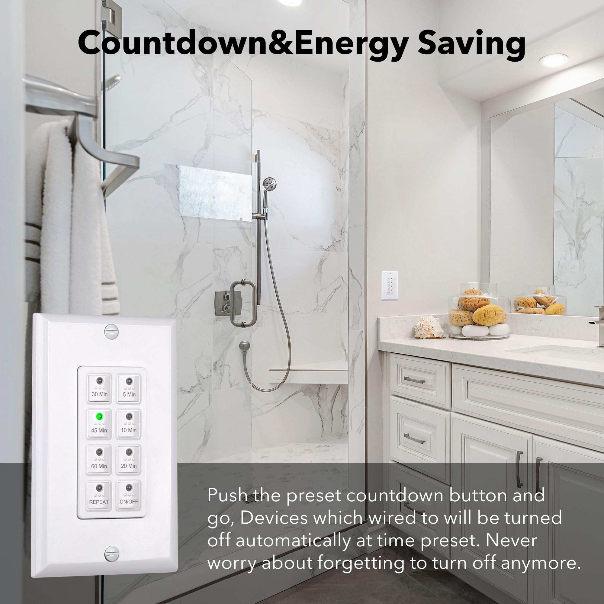 BN-LINK countdown timer wall switch push button demonstrates quick one-touch operation for lighting and ventilation.