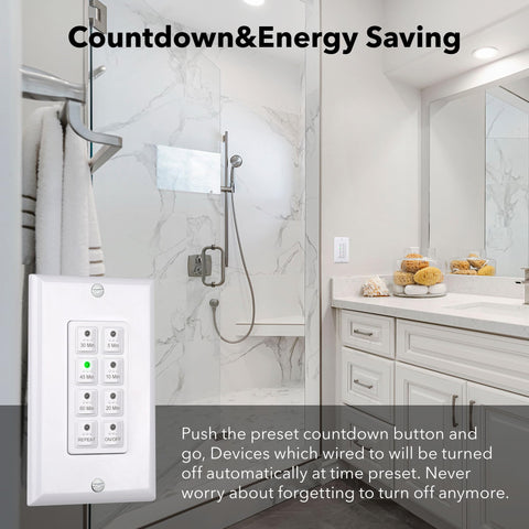 BN-LINK countdown timer wall switch push button demonstrates quick one-touch operation for lighting and ventilation.