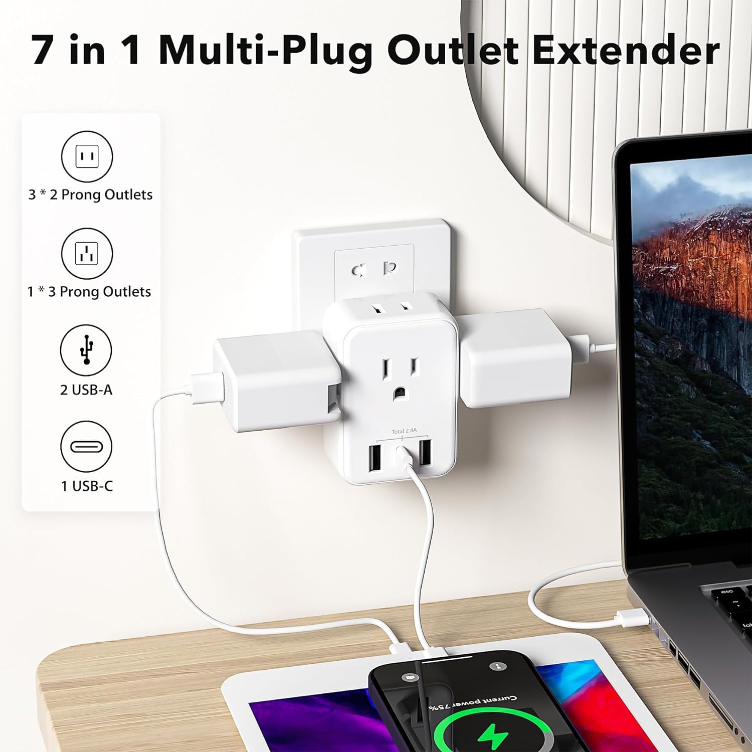 BN-LINK four-sided compact outlet splitter ideal for travel and small spaces.