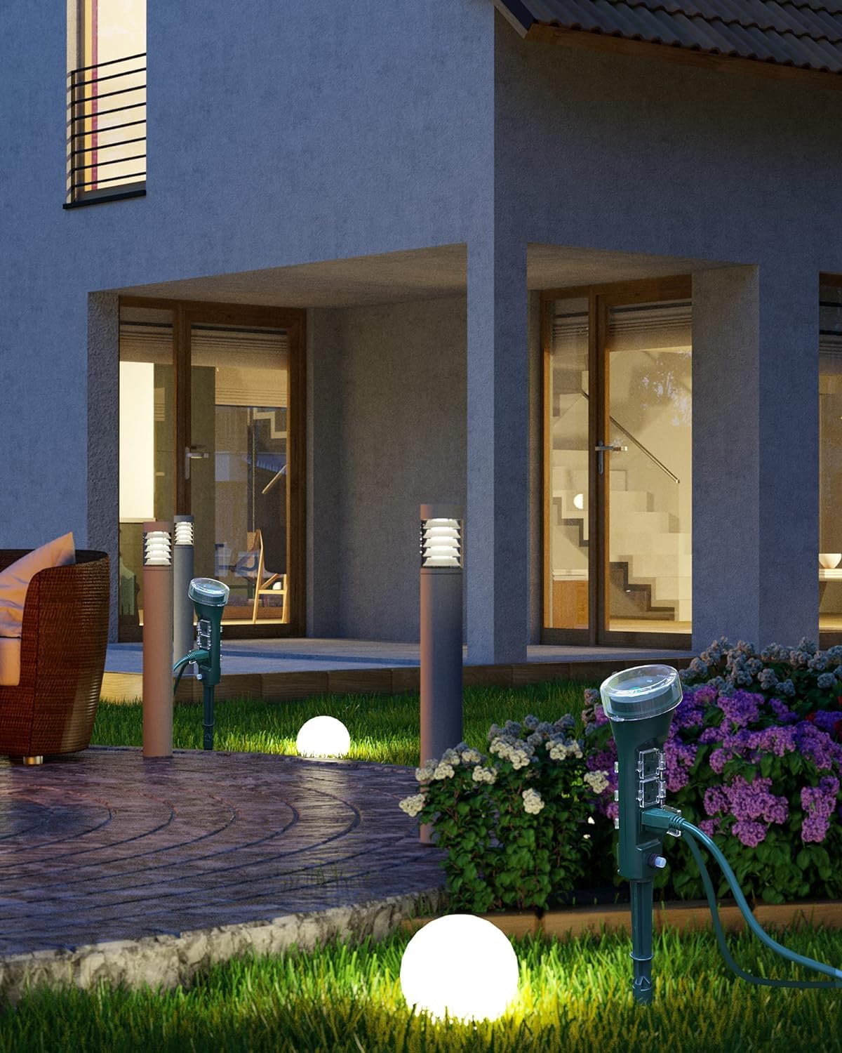 BN-LINK green outdoor stake blends with landscape while powering devices