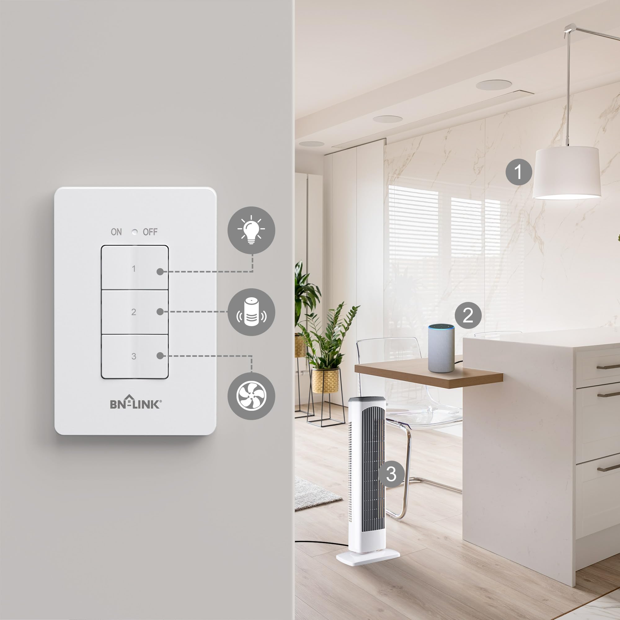 BN-LINK living room scene with lamp and fan controlled remotely.