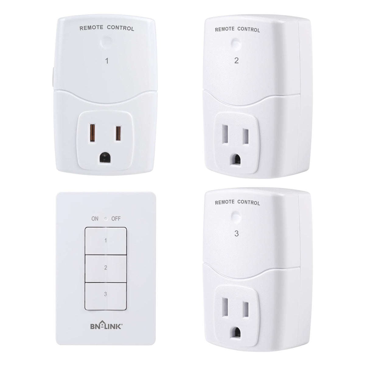 BN-LINK mini wireless wall-mount remote with 3-outlet setup for easy control.