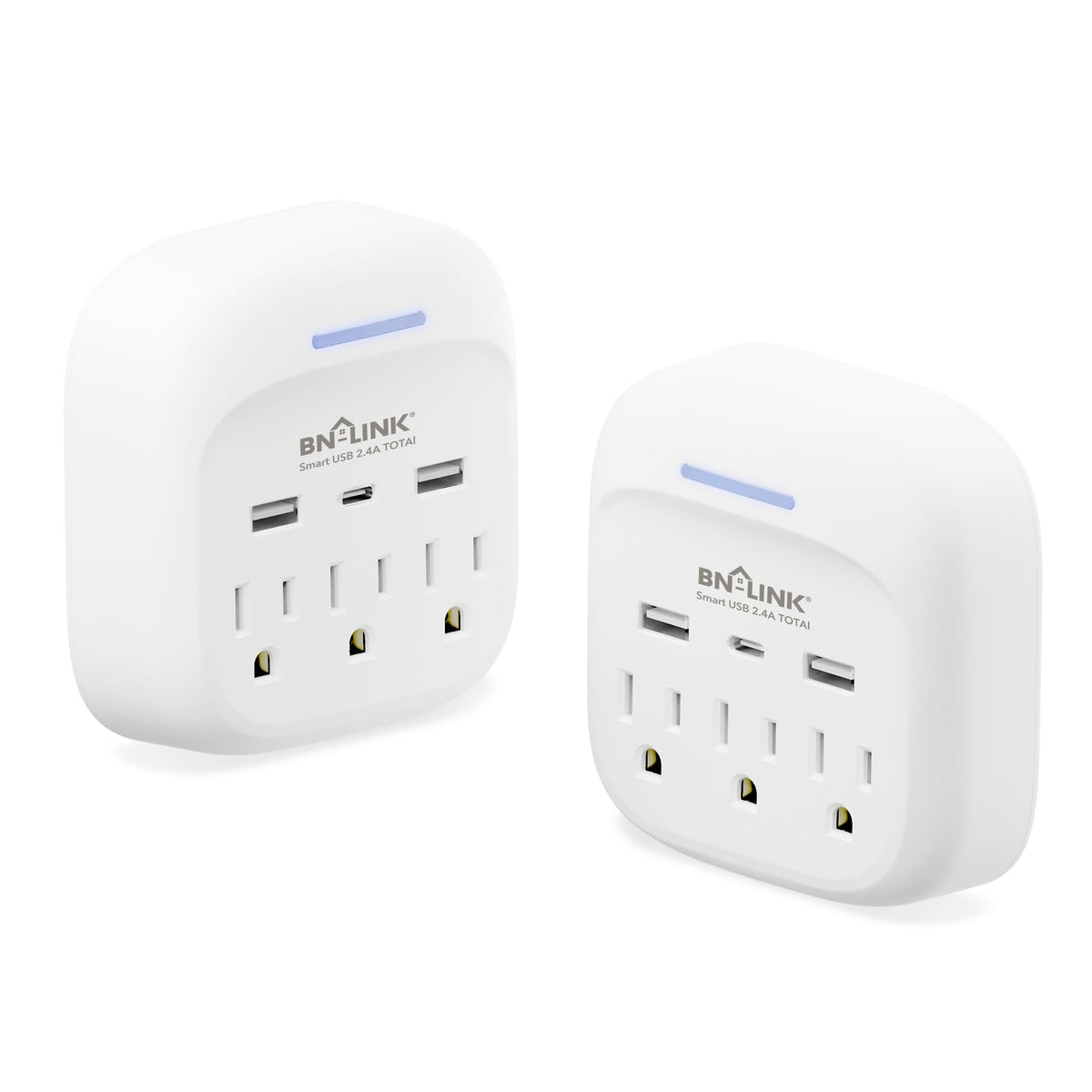 BN-LINK multi-plug extender two-pack on wall outlet in a dorm room scenario.