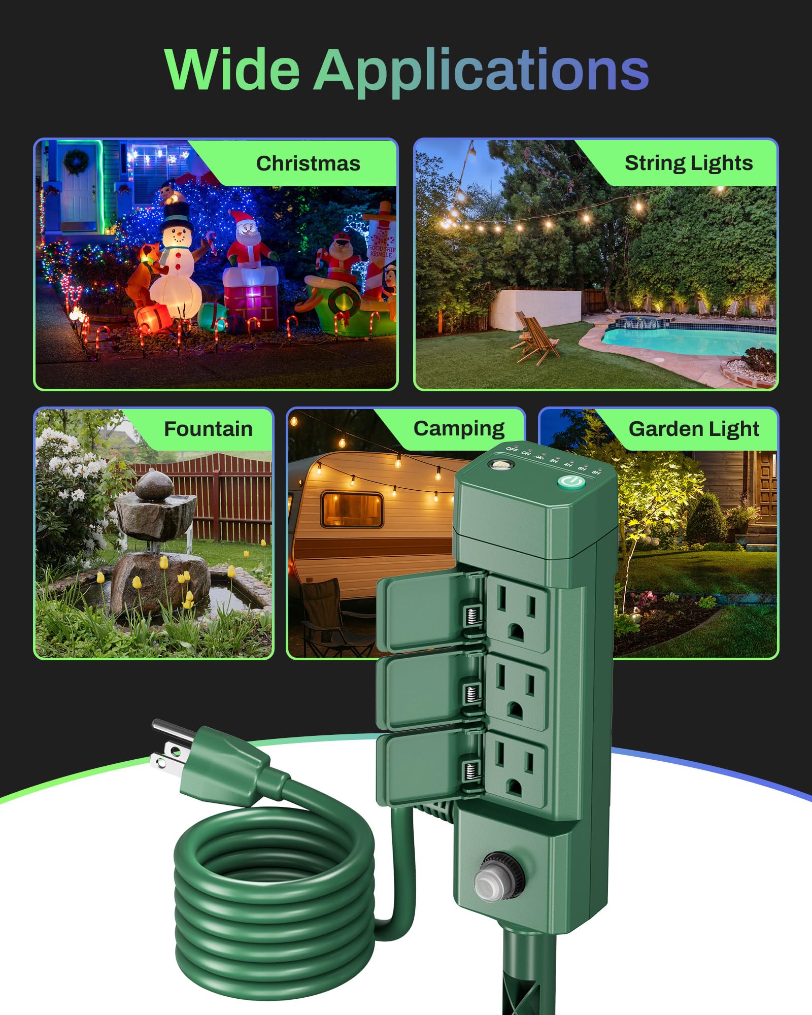 BN-LINK timer with extension cord powering holiday lights and decor.