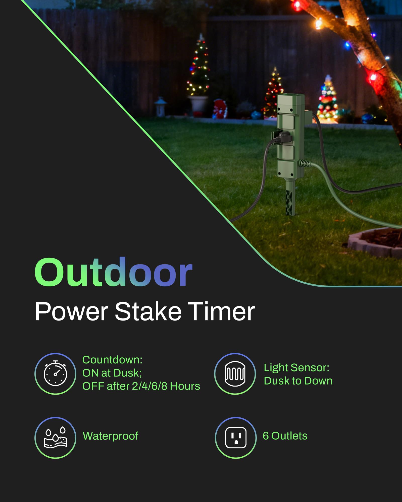 BN-LINK stake timer side view highlighting the 6-foot cord for flexible placement.