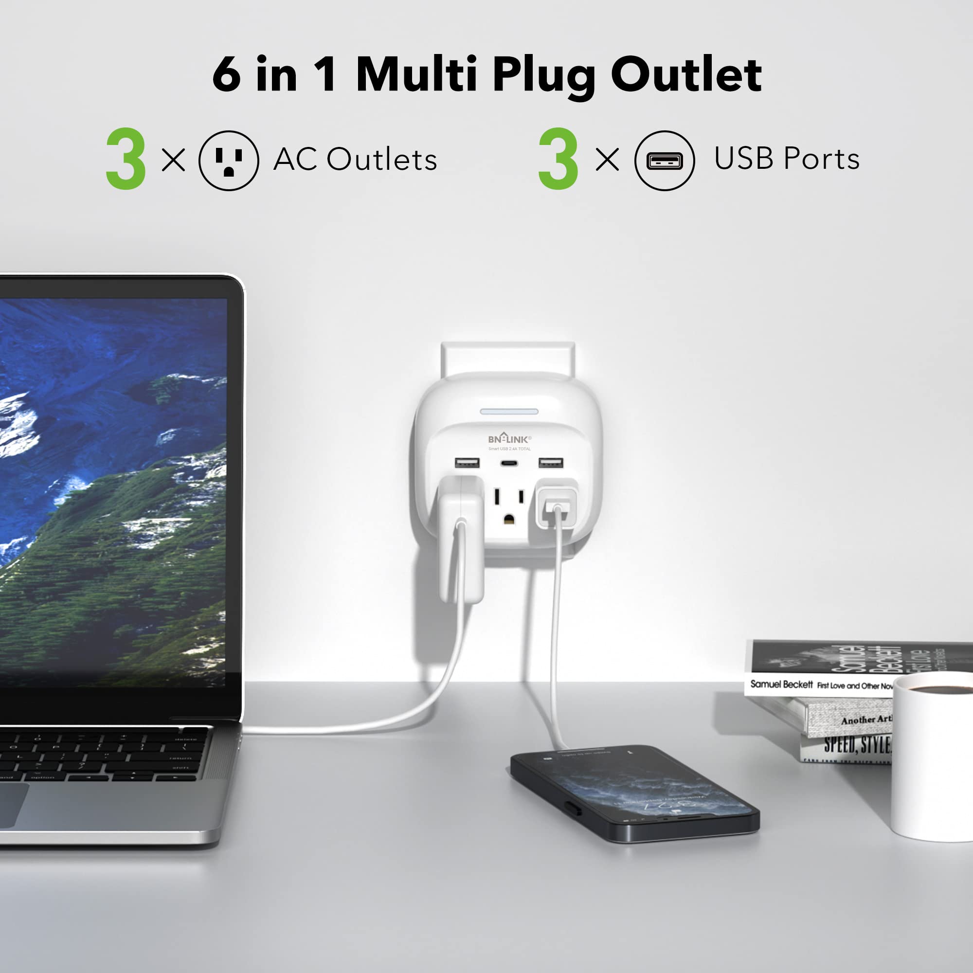 BN-LINK outlet splitter showing three AC ports plus USB ports for versatile charging.