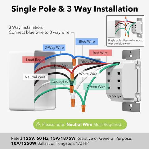 BN-LINK timer supports both single-pole and SPDT 3-way wiring.