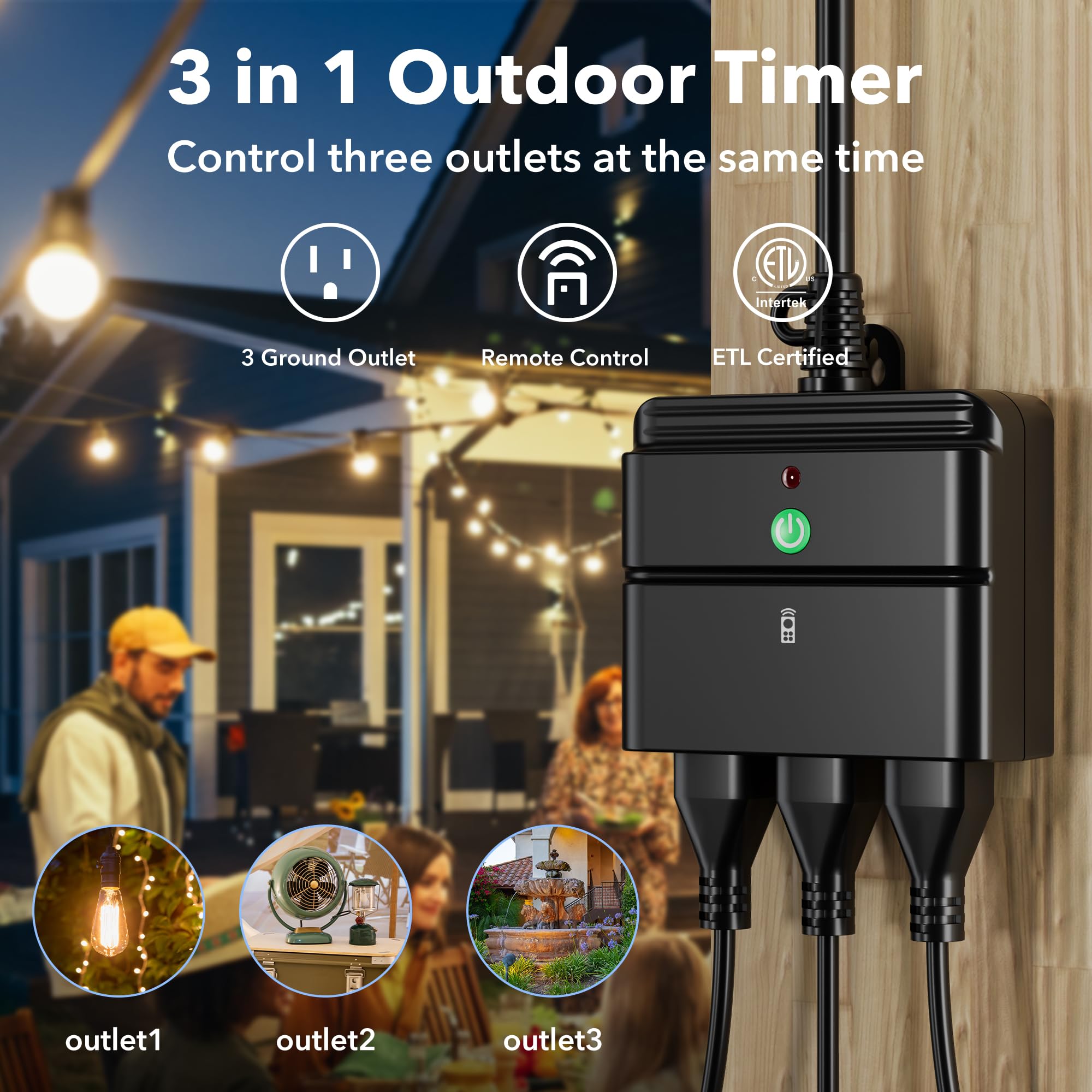 BN-LINK three grounded outlets in compact black housing.