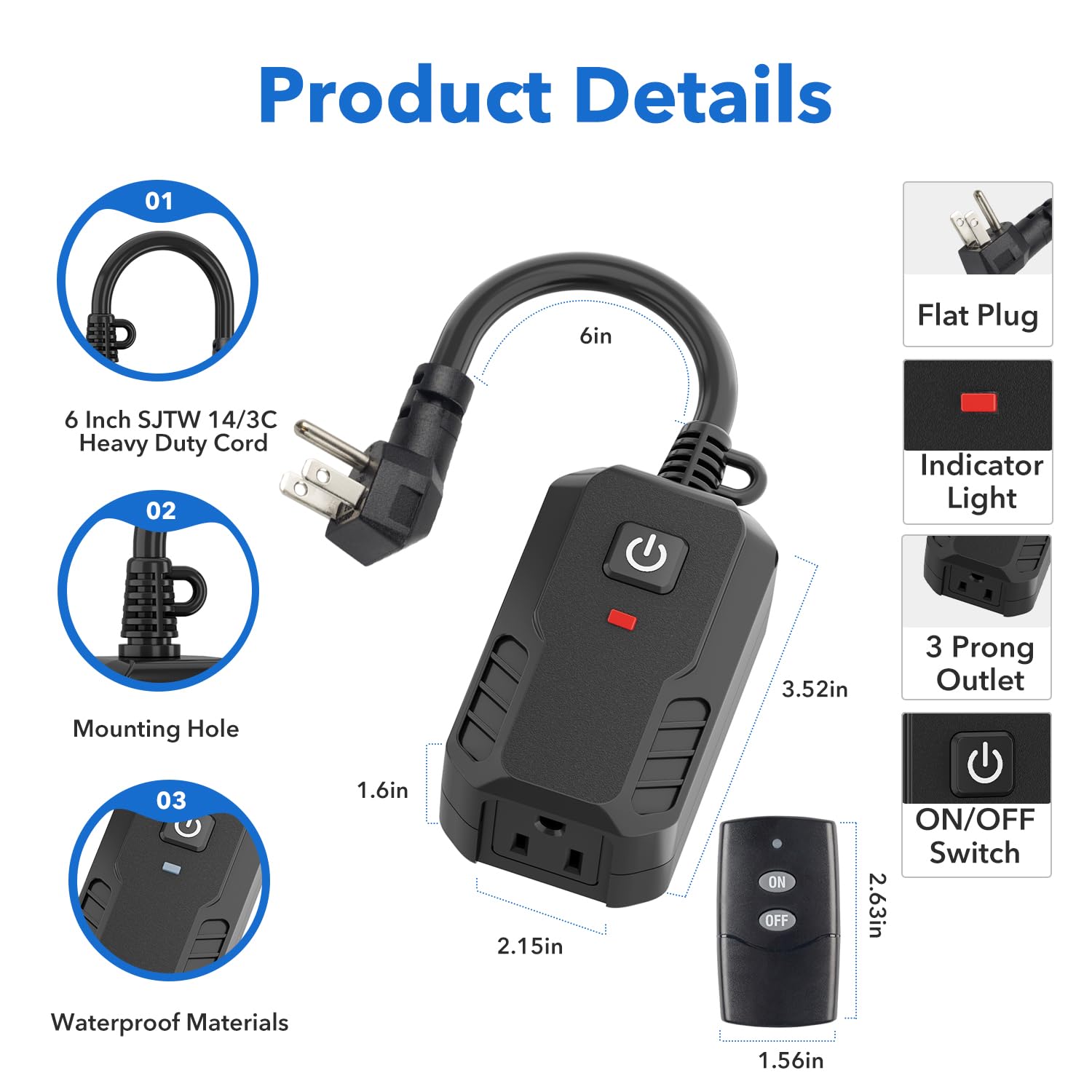 BN-LINK three-prong flat plug ensures secure outdoor connections